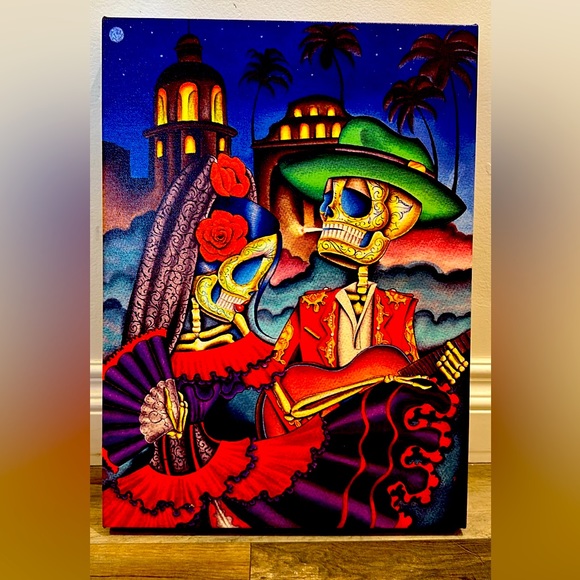 Dia De Los Muertos Sugar Skull Couple Canvas Print. 13.5” L, 18” H, 1.5”W - Picture 1 of 3